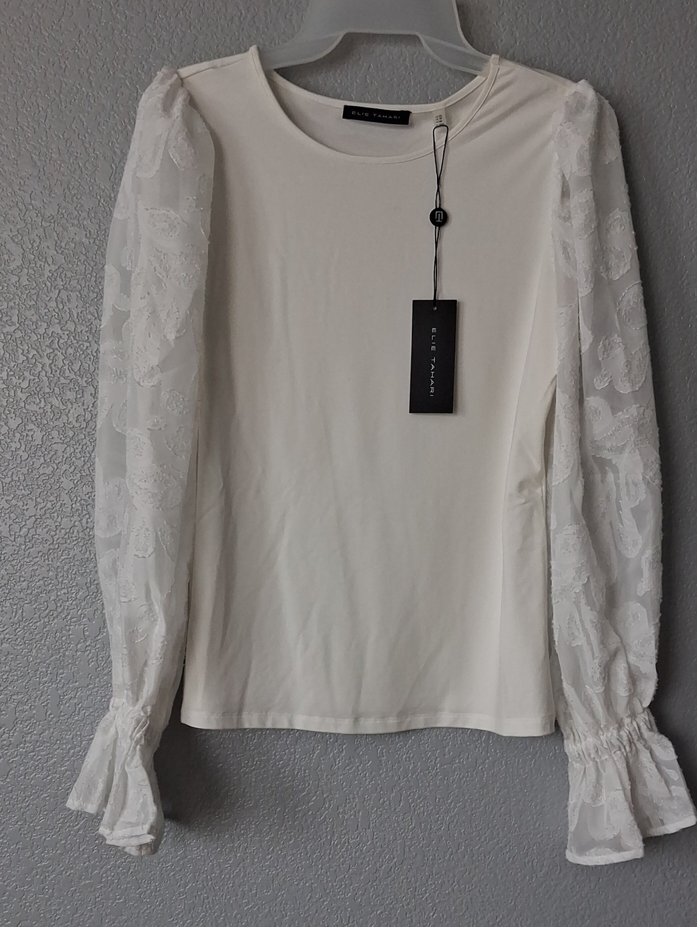 Elie Tahari White Long-Sleeve Puff Lace Sleeve Top